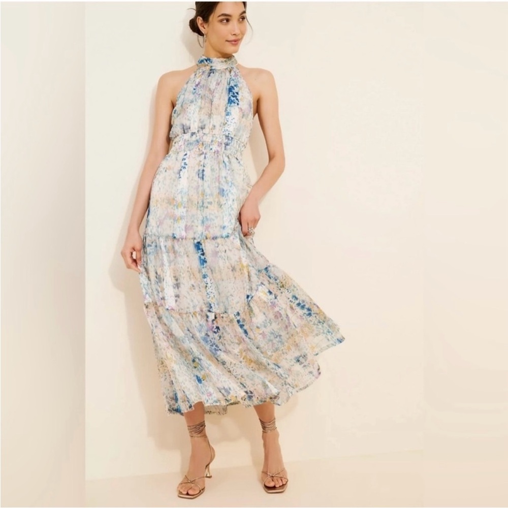Anthropologie Somerset  Light Blue and Cream Halter Midi Dress